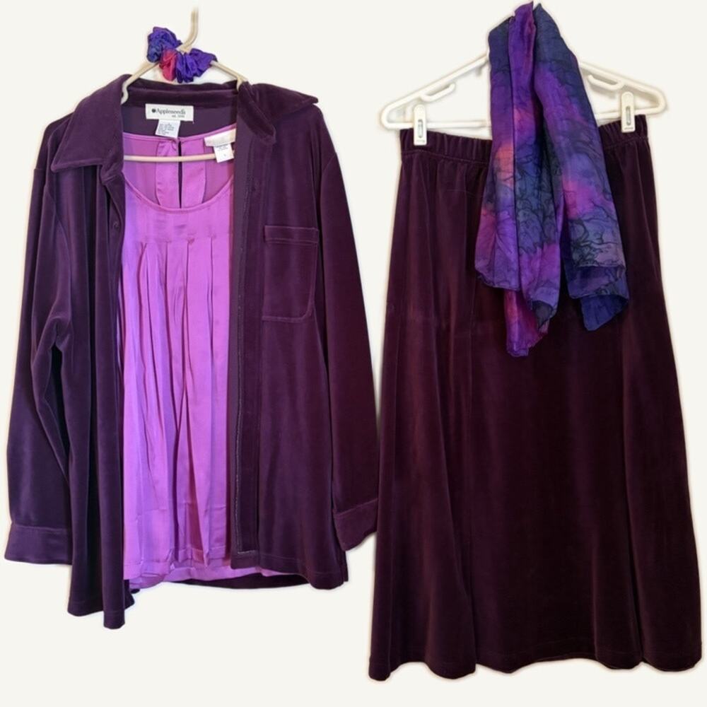 Appleseed's Soft Surroundings Purple Velvet Silk 5PC Skirt Set L Scarf Top